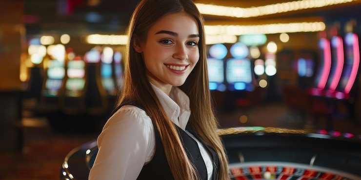 Layar studio dealer langsung permatabet88 dengan meja blackjack dan roulette
